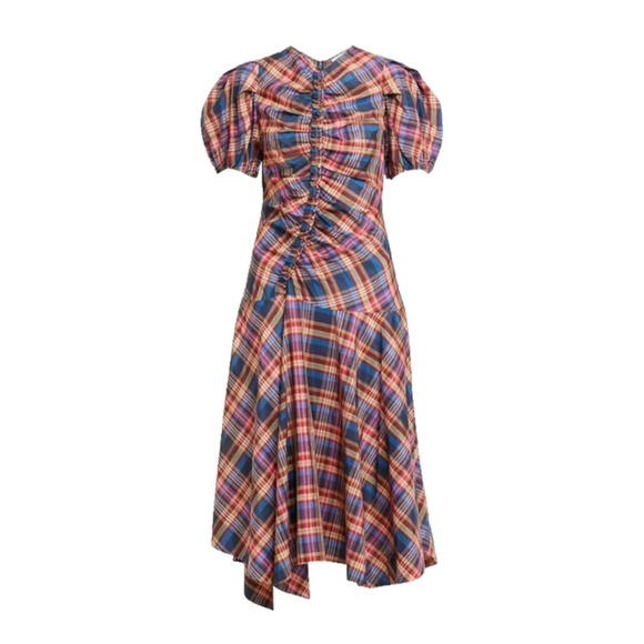 Ulla Johnson Heleen Puff Sleeve Silk Cotton Plaid Asymmetric Midi Dress Size 2 - Picture 1 of 13